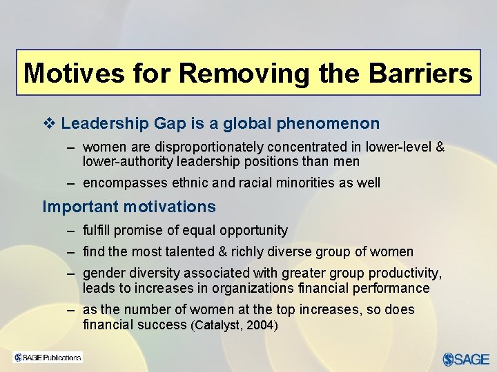 Motives for Removing the Barriers v Leadership Gap is a global phenomenon – women