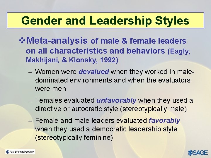 Gender and Leadership Styles v. Meta-analysis of male & female leaders on all characteristics