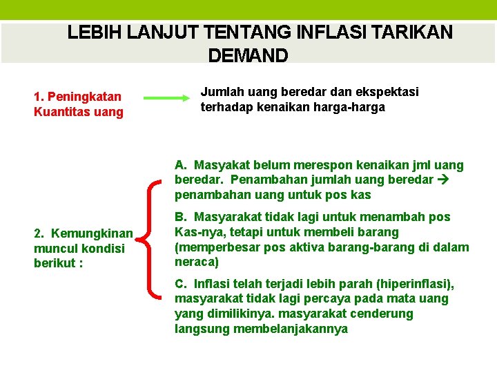 LEBIH LANJUT TENTANG INFLASI TARIKAN DEMAND 1. Peningkatan Kuantitas uang Jumlah uang beredar dan