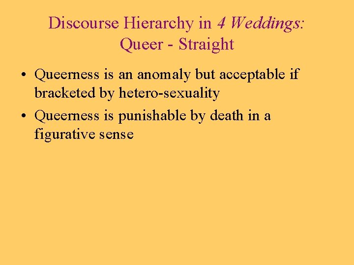 Discourse Hierarchy in 4 Weddings: Queer - Straight • Queerness is an anomaly but
