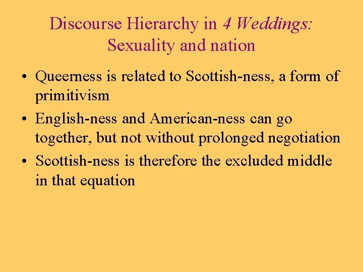 Discourse Hierarchy in 4 Weddings: Sexuality and nation • Queerness is related to Scottish-ness,