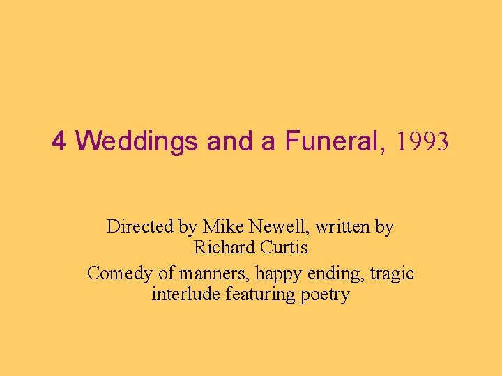 4 Weddings and a Funeral, 1993 Directed by Mike Newell, written by Richard Curtis
