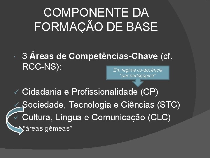 COMPONENTE DA FORMAÇÃO DE BASE 3 Áreas de Competências-Chave (cf. RCC-NS): Em regime co-docência COMPONENTE DA FORMAÇÃO DE BASE 3 Áreas de Competências-Chave (cf. RCC-NS): Em regime co-docência