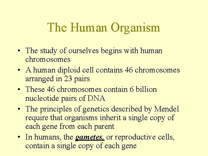 The Human Organism • The study of ourselves begins with human chromosomes • A