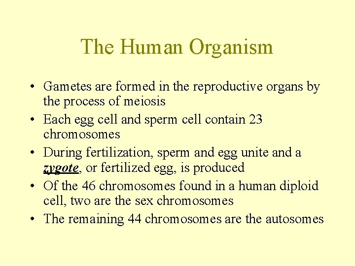 The Human Organism • Gametes are formed in the reproductive organs by the process