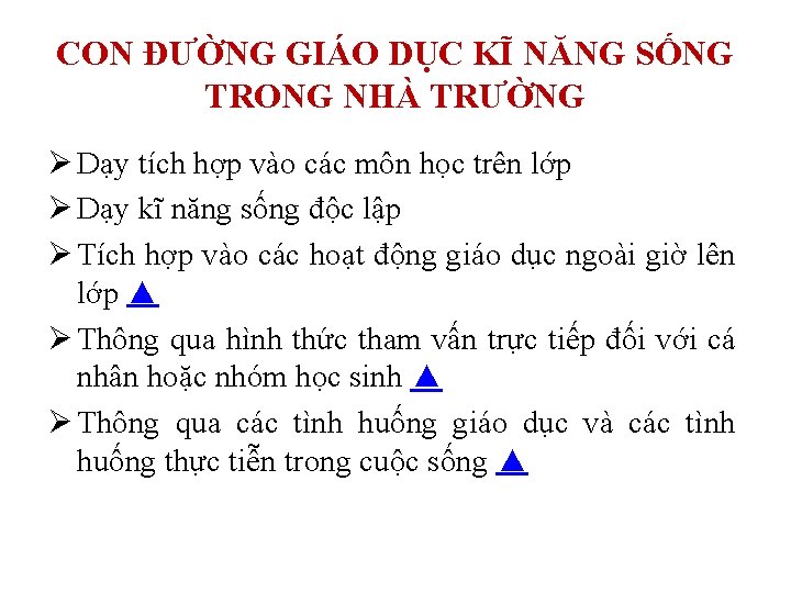 CON ĐƯỜNG GIÁO DỤC KĨ NĂNG SỐNG TRONG NHÀ TRƯỜNG Ø Dạy tích hợp