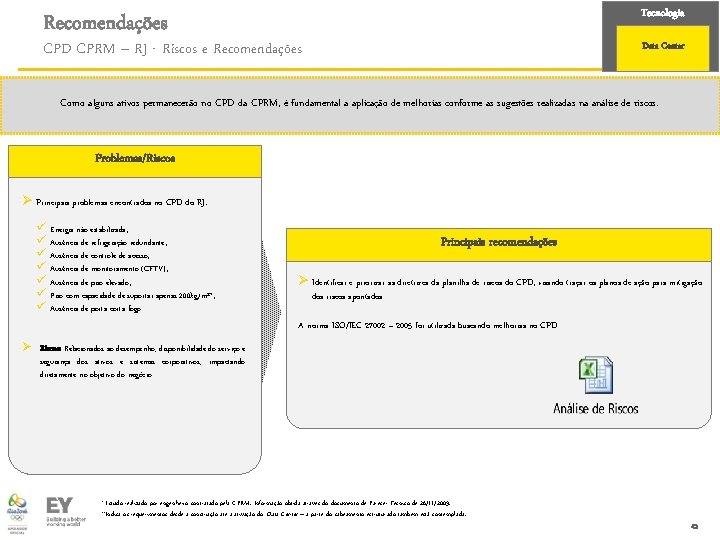 Tecnologia Recomendações CPD CPRM – RJ - Riscos e Recomendações Data Center Como alguns