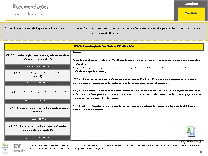 Tecnologia Recomendações Resumo de custos Data Center Para o cálculo do custo de implementação