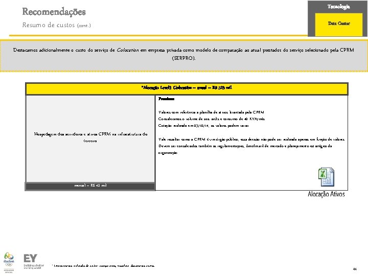 Tecnologia Recomendações Resumo de custos (cont. ) Data Center Destacamos adicionalmente o custo do