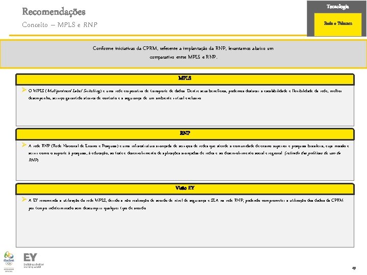 Tecnologia Recomendações Conceito – MPLS e RNP Rede e Telecom Conforme iniciativas da CPRM,