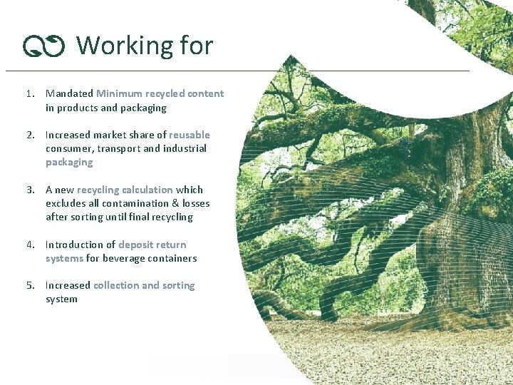 Working for 1. Mandated Minimum recycled content in products and packaging 2. Increased market Working for 1. Mandated Minimum recycled content in products and packaging 2. Increased market