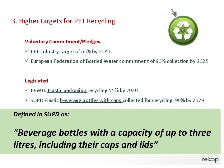 3. Higher targets for PET Recycling Voluntary Commitment/Pledges ü PET Industry target of 65% 3. Higher targets for PET Recycling Voluntary Commitment/Pledges ü PET Industry target of 65%