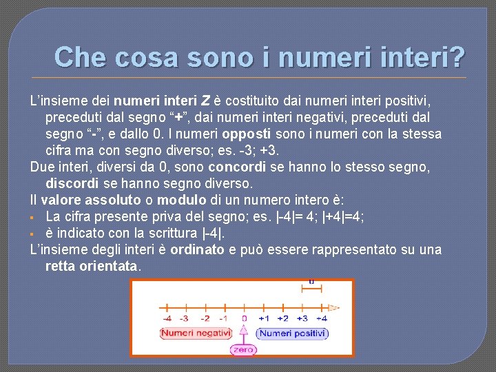 Che cosa sono i numeri interi? L’insieme dei numeri interi Z è costituito dai