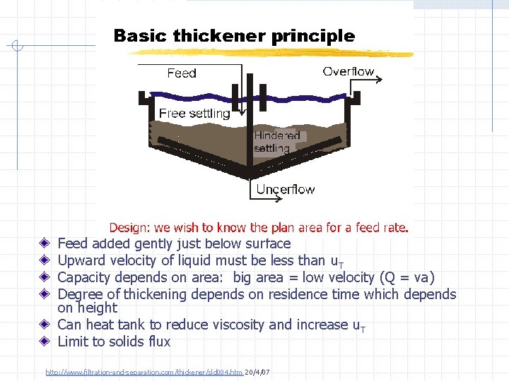 The Thickener Feed added gently just below surface Upward velocity of liquid must be The Thickener Feed added gently just below surface Upward velocity of liquid must be