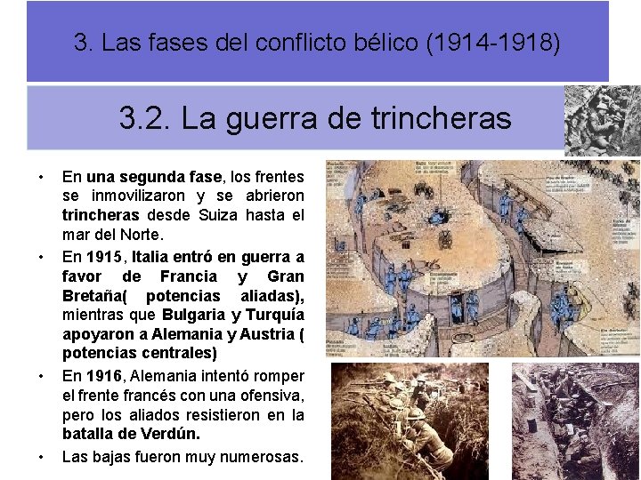 3. Las fases del conflicto bélico (1914 -1918) 3. 2. La guerra de trincheras 3. Las fases del conflicto bélico (1914 -1918) 3. 2. La guerra de trincheras