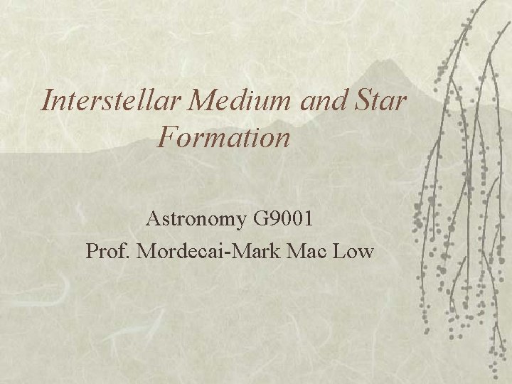 Interstellar Medium and Star Formation Astronomy G 9001 Prof. Mordecai-Mark Mac Low 