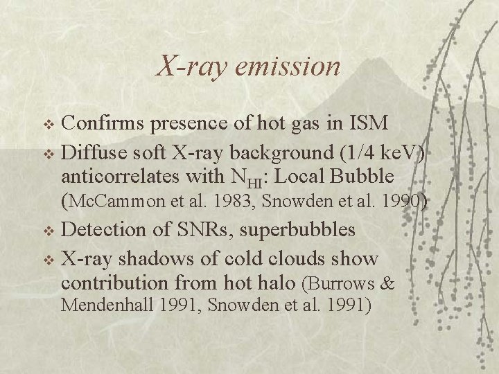 X-ray emission Confirms presence of hot gas in ISM v Diffuse soft X-ray background