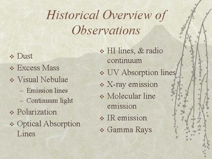 Historical Overview of Observations v v v Dust Excess Mass Visual Nebulae – Emission