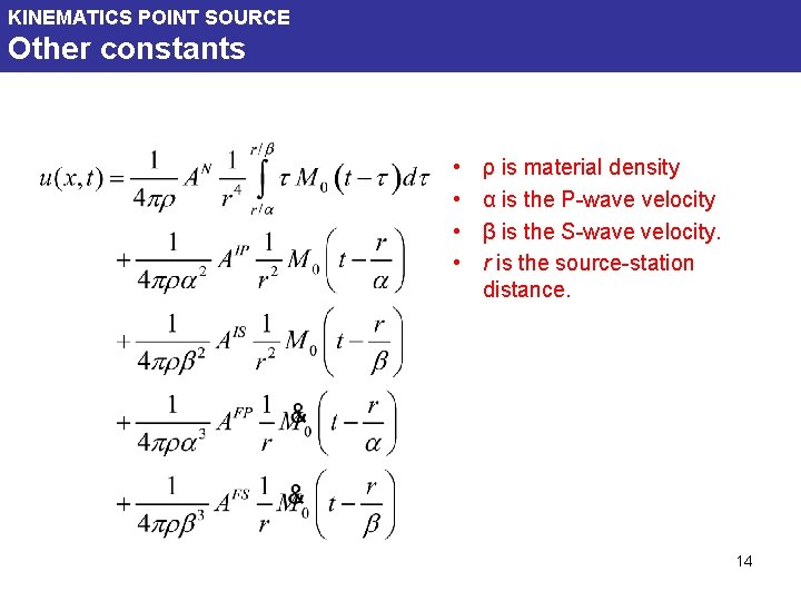 KINEMATICS POINT SOURCE Other constants • • ρ is material density α is the