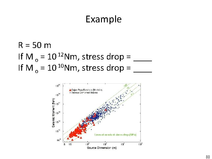 Example R = 50 m If M o = 10 12 Nm, stress drop