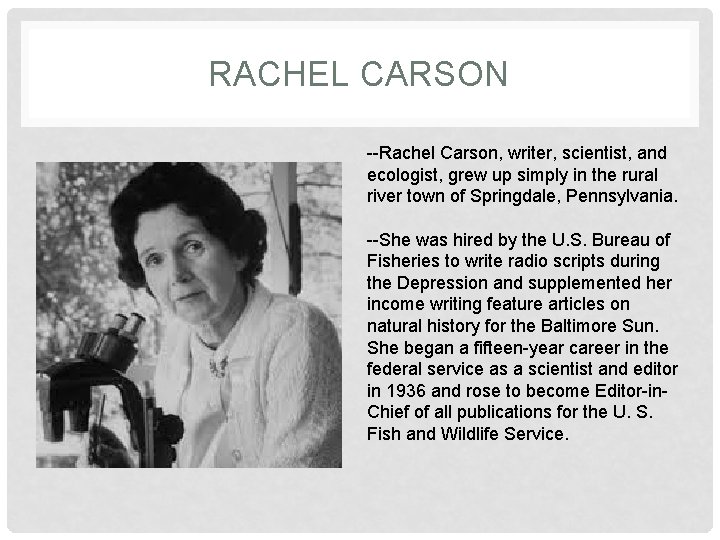 RACHEL CARSON --Rachel Carson, writer, scientist, and ecologist, grew up simply in the rural RACHEL CARSON --Rachel Carson, writer, scientist, and ecologist, grew up simply in the rural