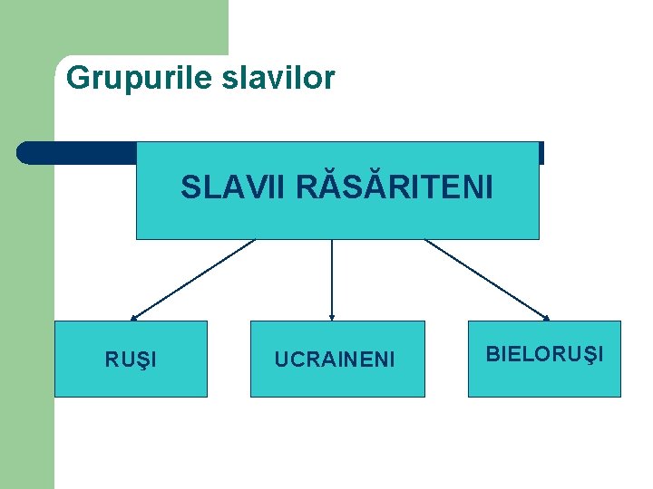 Grupurile slavilor SLAVII RĂSĂRITENI RUŞI UCRAINENI BIELORUŞI 