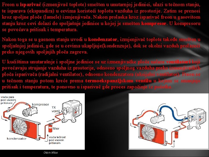 Freon u isparivač (izmenjivač toplote) smešten u unutarnjoj jedinici, ulazi u tečnom stanju, te