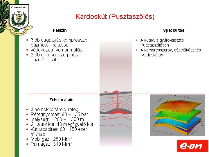 Kardoskút (Pusztaszőlős) Felszín 3 db dugattyús kompresszor, gázmotor hajtással kétfokozatú komprimálás 2 db glikol-abszorpciós