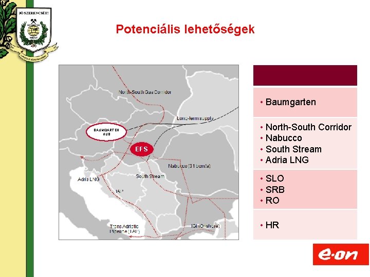 Potenciális lehetőségek • Baumgarten BAUMGARTEN HUB EFS • North-South Corridor • Nabucco • South