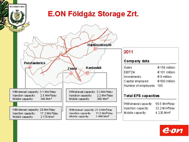 E. ON Földgáz Storage Zrt. Hajdúszoboszló 2011 Company data Pusztaederics Zsana Withdrawal capacity: 3.