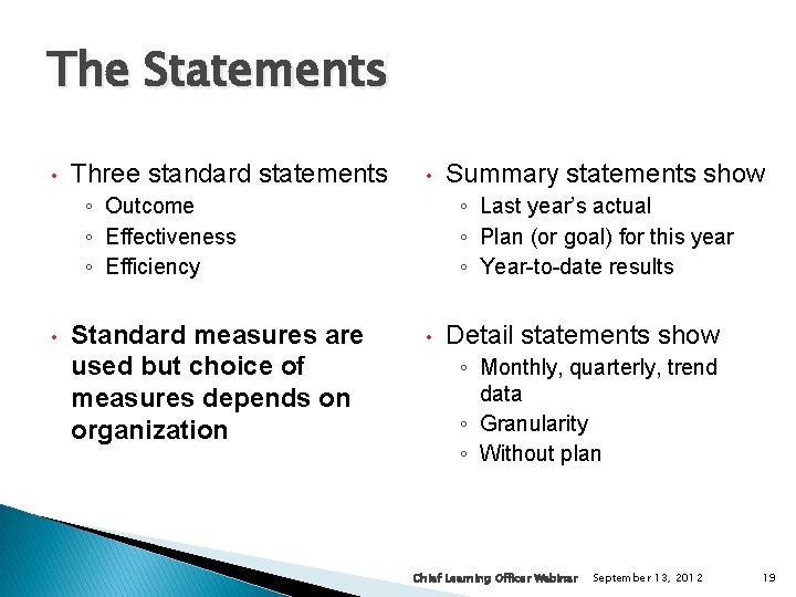 The Statements • Three standard statements • ◦ Outcome ◦ Effectiveness ◦ Efficiency •