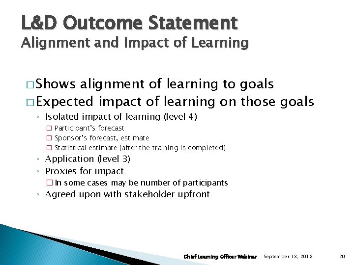 L&D Outcome Statement Alignment and Impact of Learning � Shows alignment of learning to