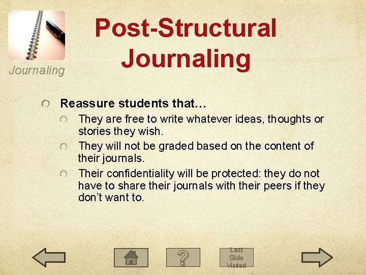 Journaling Post-Structural Journaling Reassure students that… They are free to write whatever ideas, thoughts