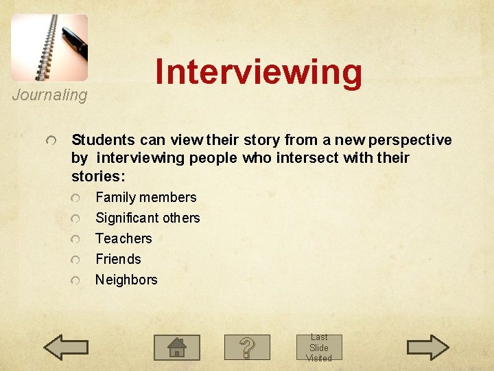 Journaling Interviewing Students can view their story from a new perspective by interviewing people