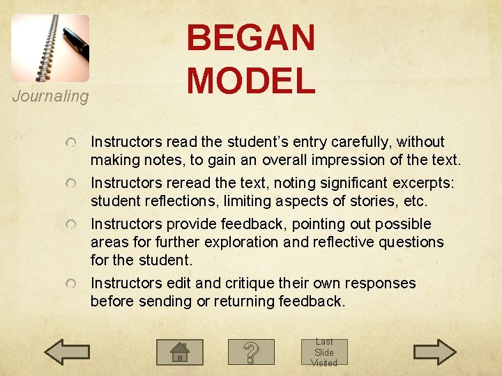 Journaling BEGAN MODEL Instructors read the student’s entry carefully, without making notes, to gain