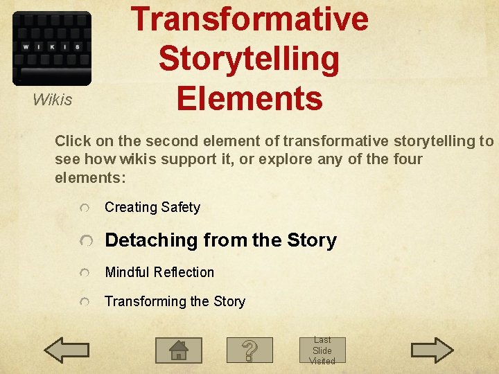 Wikis Transformative Storytelling Elements Click on the second element of transformative storytelling to see