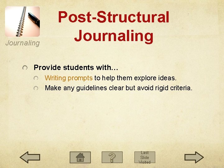 Journaling Post-Structural Journaling Provide students with… Writing prompts to help them explore ideas. Make