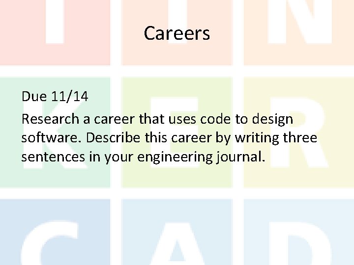 Careers Due 11/14 Research a career that uses code to design software. Describe this