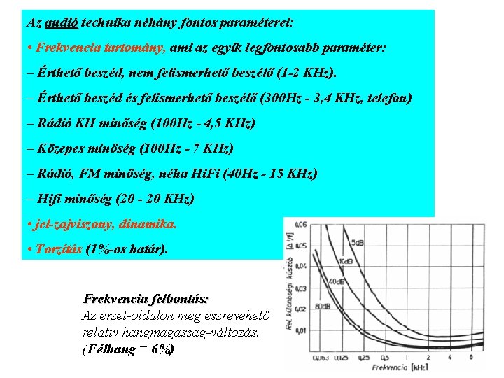 Az audió technika néhány fontos paraméterei: • Frekvencia tartomány, ami az egyik legfontosabb paraméter: