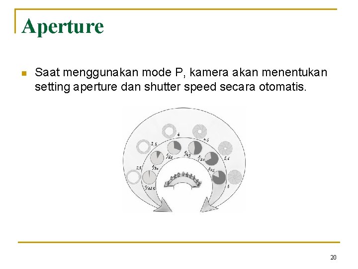 Aperture n Saat menggunakan mode P, kamera akan menentukan setting aperture dan shutter speed