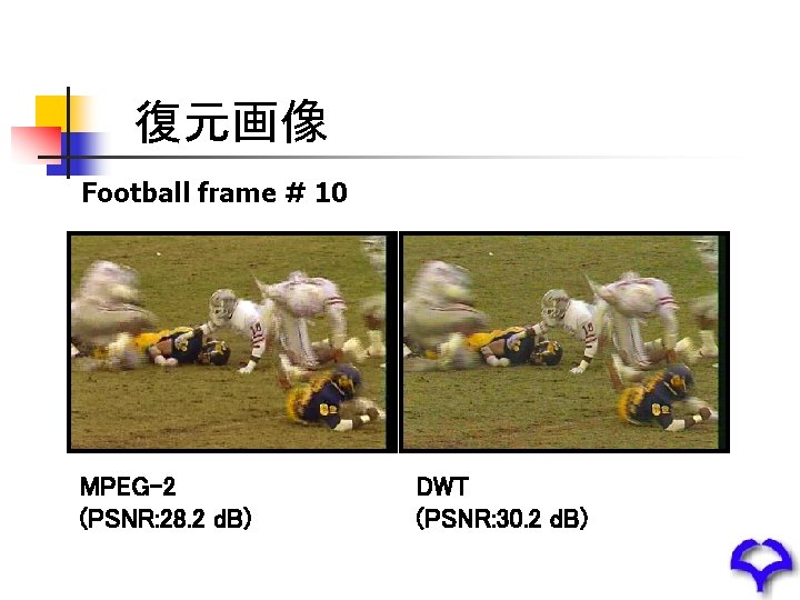 復元画像 Football frame # 10 MPEG-2 (PSNR: 28. 2 d. B) DWT (PSNR: 30.