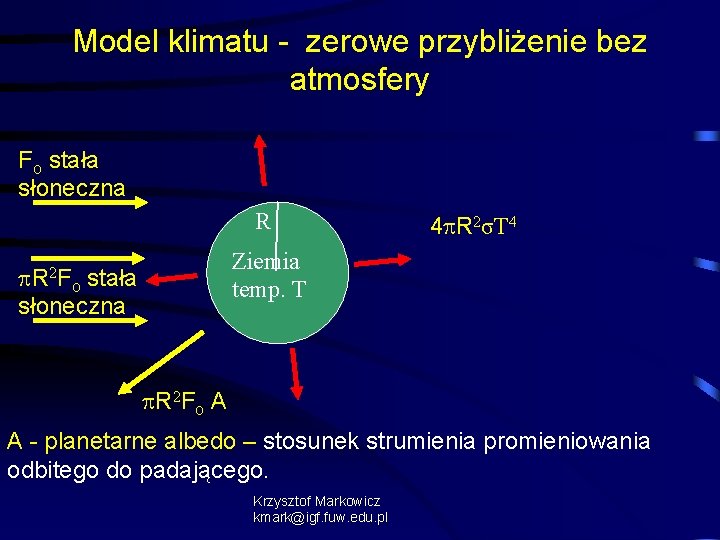Model klimatu - zerowe przybliżenie bez atmosfery Fo stała słoneczna R R 2 F