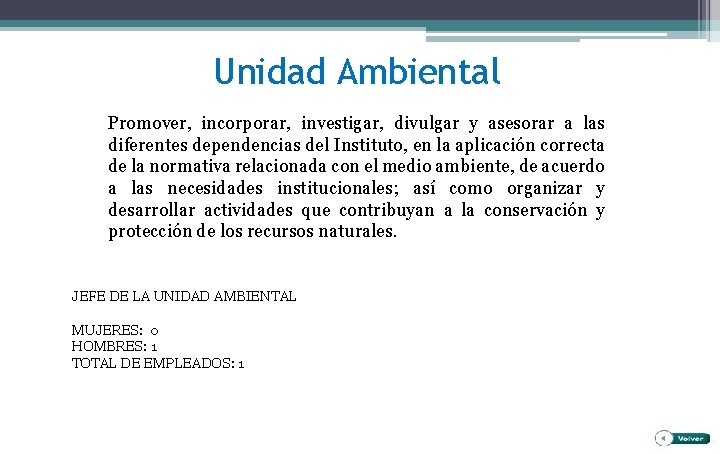 Unidad Ambiental Promover, incorporar, investigar, divulgar y asesorar a las diferentes dependencias del Instituto,