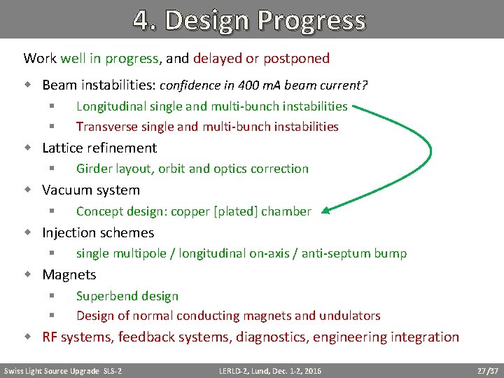 4. Design Progress Work well in progress, and delayed or postponed Beam instabilities: confidence