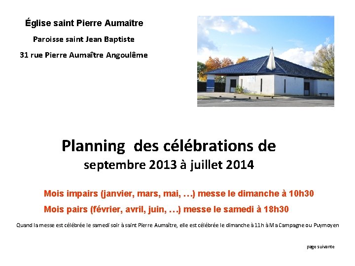 Église saint Pierre Aumaître Paroisse saint Jean Baptiste 31 rue Pierre Aumaître Angoulême Planning