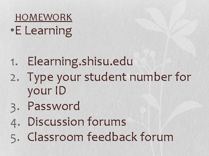 HOMEWORK • E Learning 1. Elearning. shisu. edu 2. Type your student number for