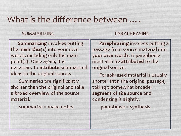 What is the difference between …. SUMMARIZING Summarizing involves putting the main idea(s) into