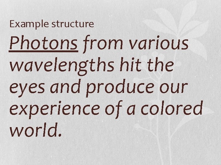 Example structure Photons from various wavelengths hit the eyes and produce our experience of