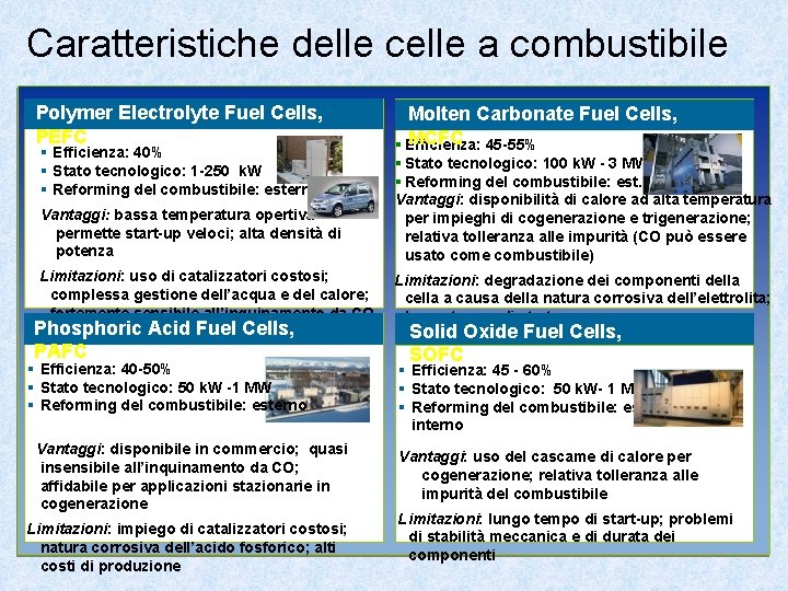 Caratteristiche delle celle a combustibile Polymer Electrolyte Fuel Cells, PEFC Molten Carbonate Fuel Cells,