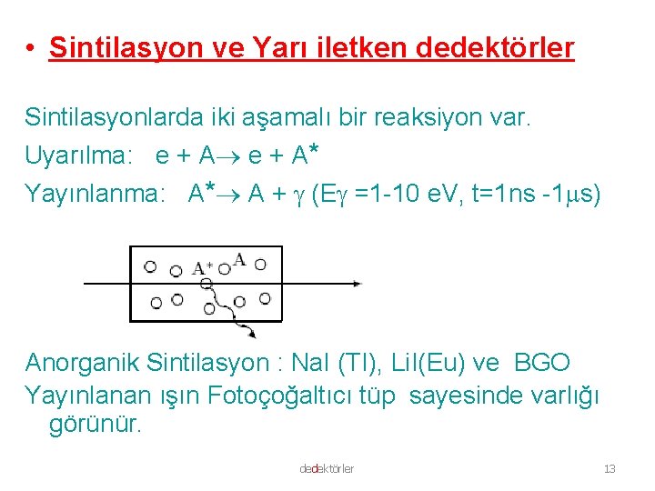  • Sintilasyon ve Yarı iletken dedektörler Sintilasyonlarda iki aşamalı bir reaksiyon var. Uyarılma: